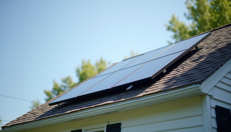 Eye-level view of solar panels installed on a suburban Massachusetts home roof