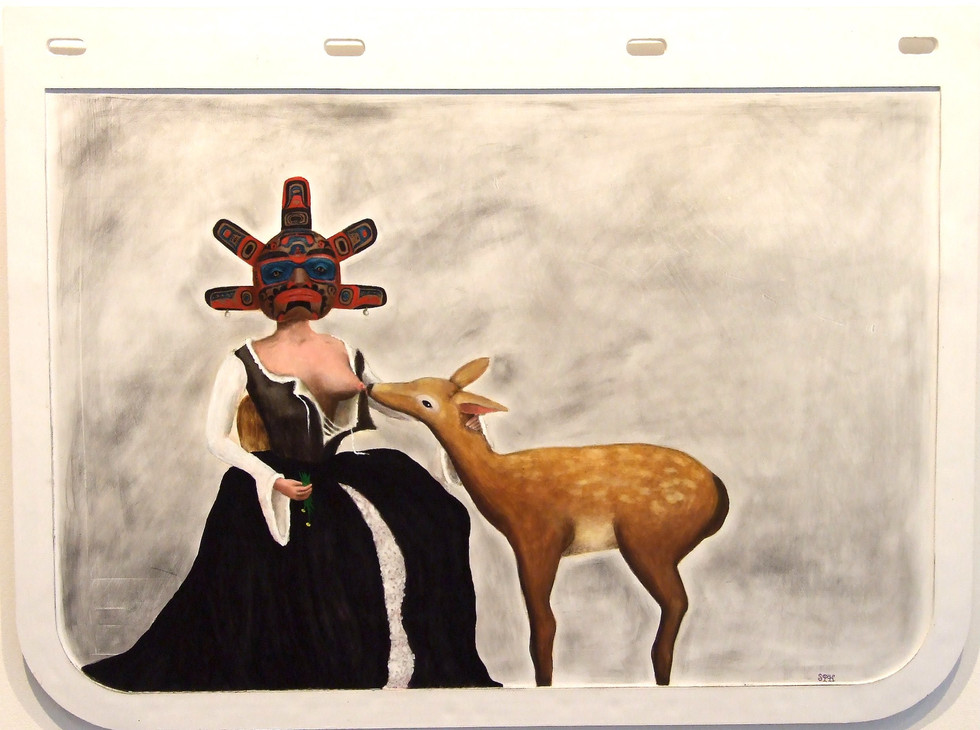 A painting titled 'Nurturer' depicting a woman breast-feeding a deer wearing a 19th century dress and a Haida style sun mask.