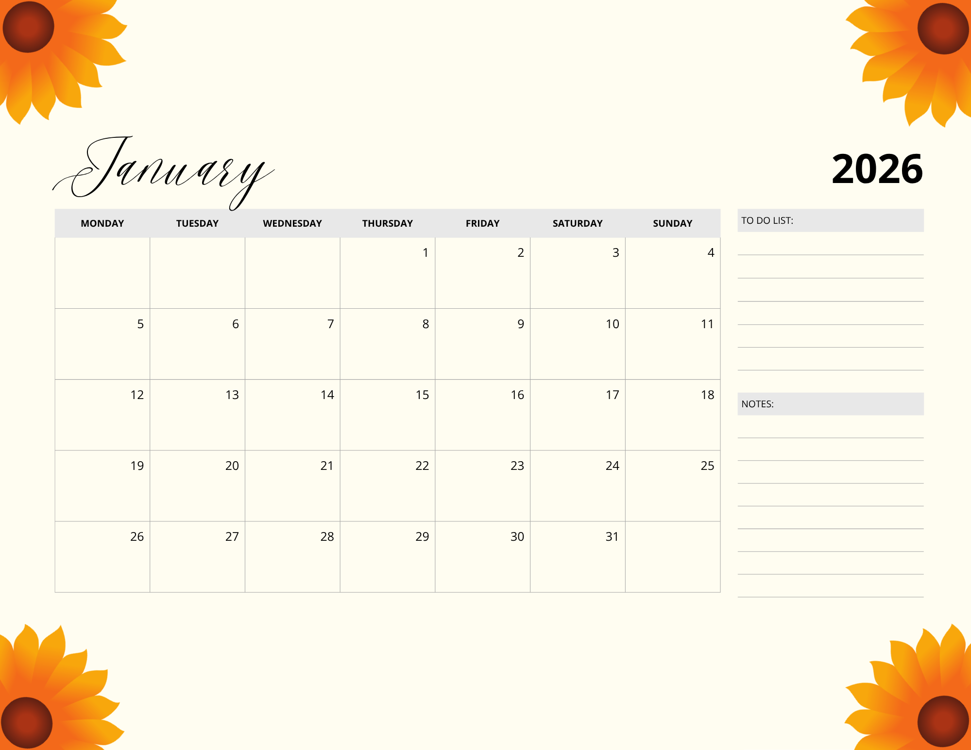 Printable Monthly Calendar | Orange Flower Print