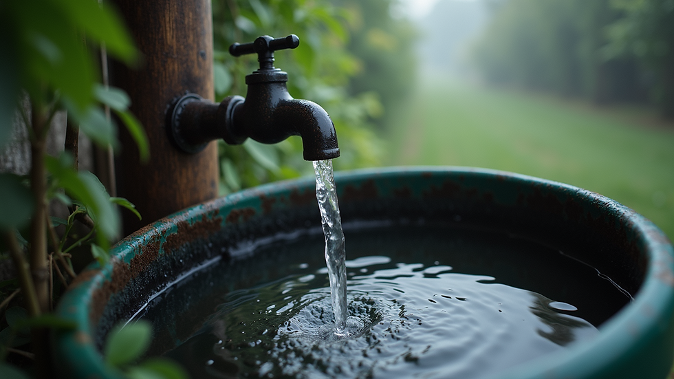 Eye-level view of a rain barrel collecting rainwater