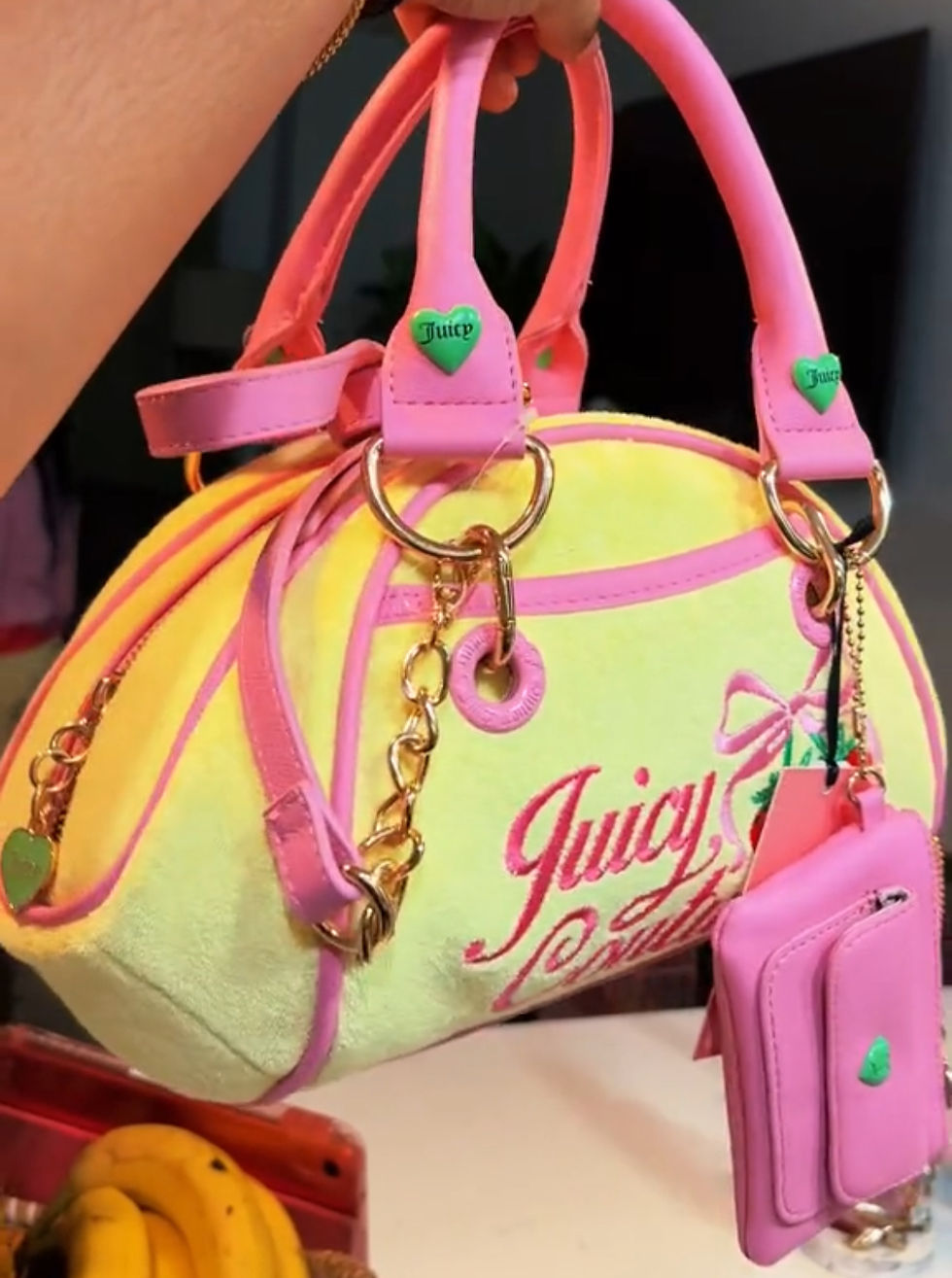 Thumbnail: 2 PC YELLOW VELOUR STRAWBERRY SATCHEL BAG