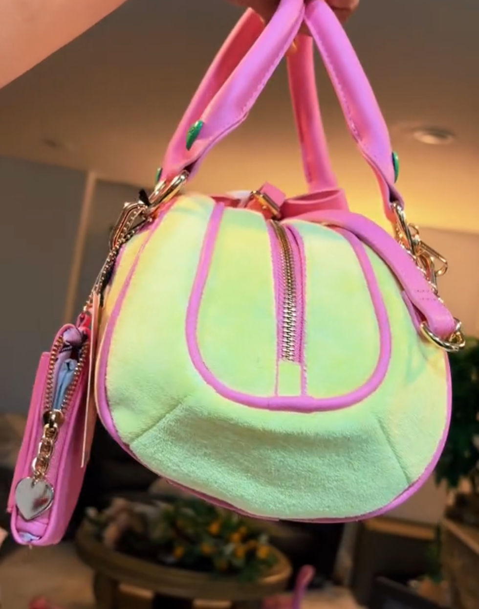 Thumbnail: 2 PC YELLOW VELOUR STRAWBERRY SATCHEL BAG