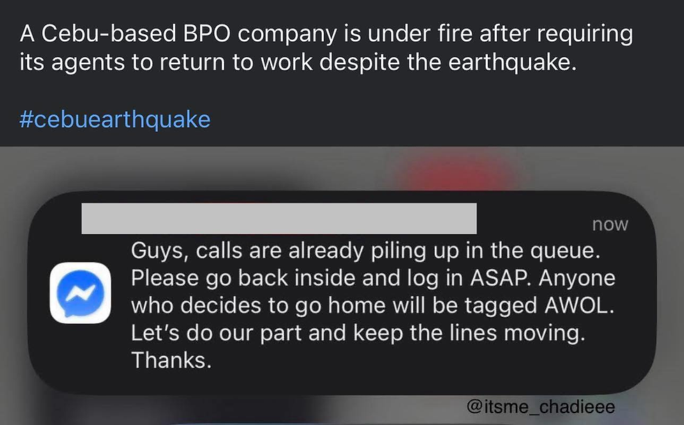 A sample Message to all Employee during the 6.9 Cebu Earthquake where Employee Safety was severely compromised (Credits: @itsme_chadieee)