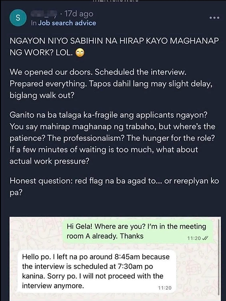 Social media post in English and Filipino, questioning job seekers' patience. Includes text exchange about an interview delay and applicant leaving.
