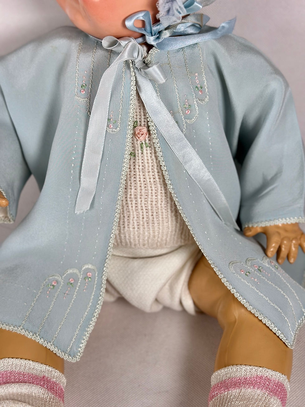 Thumbnail: Vintage 1940s Baby Blue Sacque Set for Big Baby Dolls