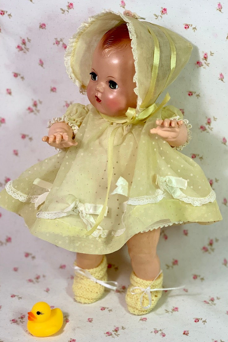 Thumbnail: Vintage Yellow Dotted Swiss Dress Set for 11" to 12" Baby Dolls