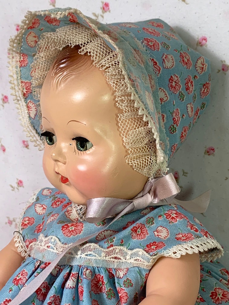 Thumbnail: Vintage 1940s 13" to 14" Blue Flowers Baby Doll Dress Set -- MINT