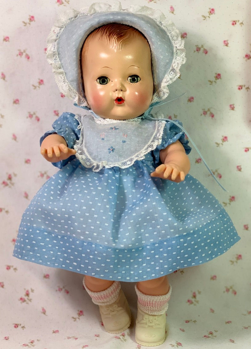 Thumbnail: 1950's Blue Dotted Swiss Dress Set for 13.5" Tiny Tears Baby Doll