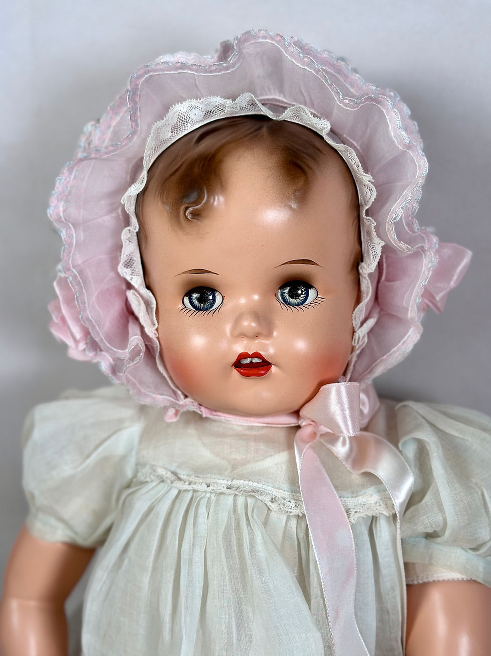Thumbnail: Vintage Pink Organdy Ruffled Bonnet for Large Compo Doll