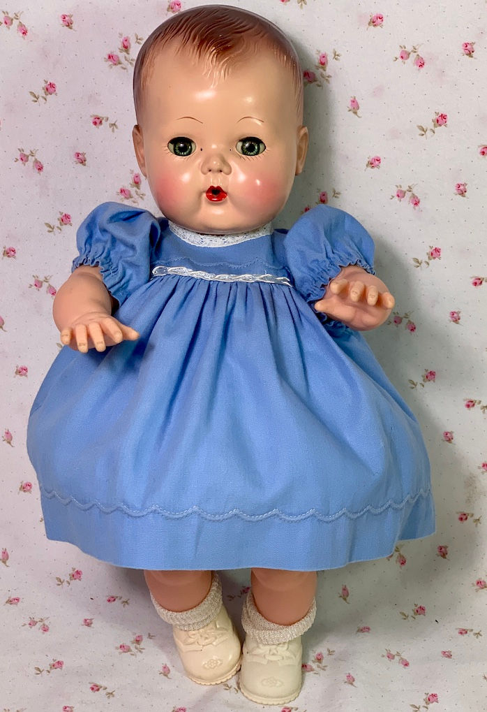 Thumbnail: Vintage 1940s 13" to 14" Baby Doll Blue Dress and Pinafore