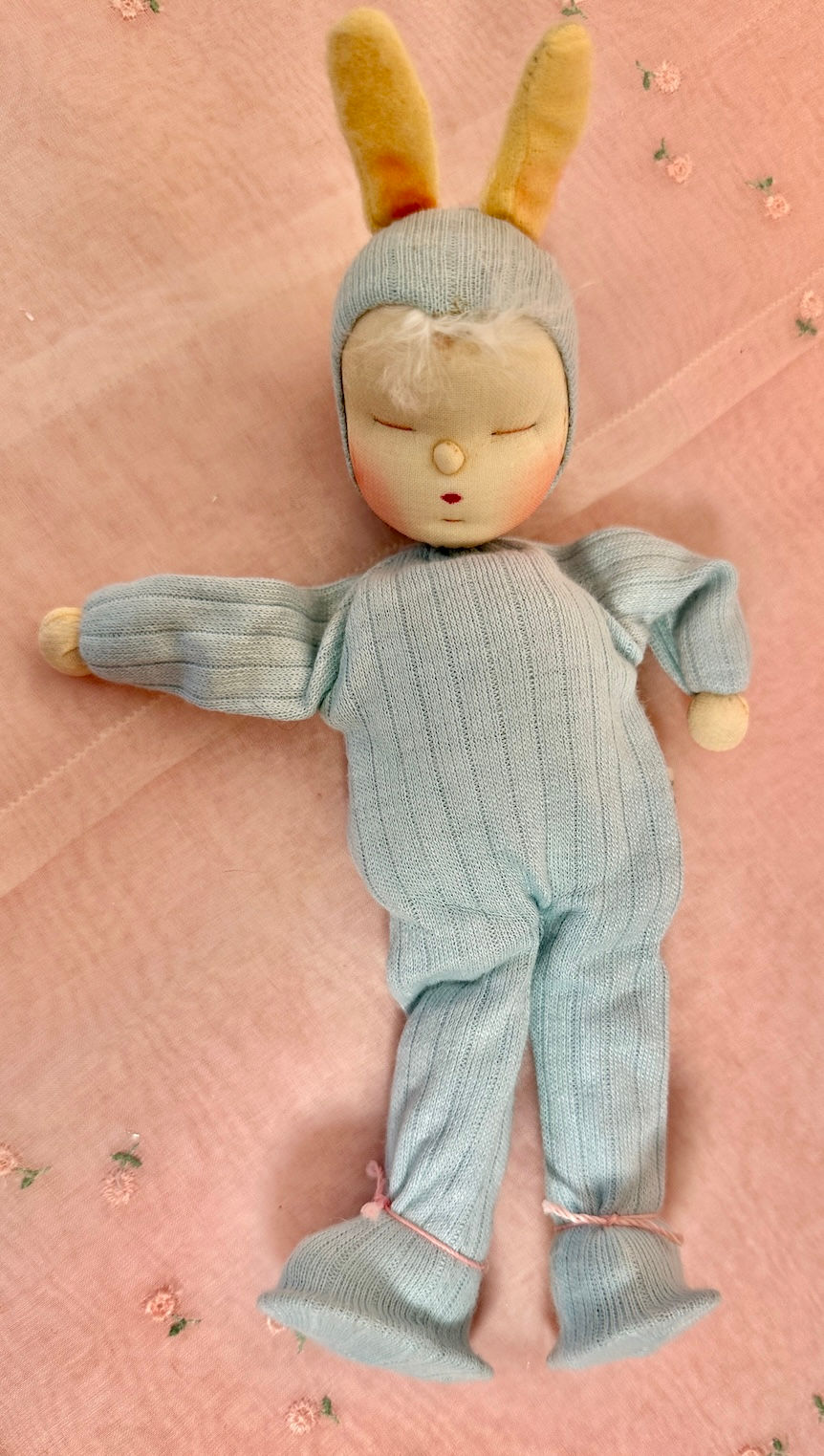 Thumbnail: Vintage 1960 Shackman Blue Bunny Rabbit Cloth Doll