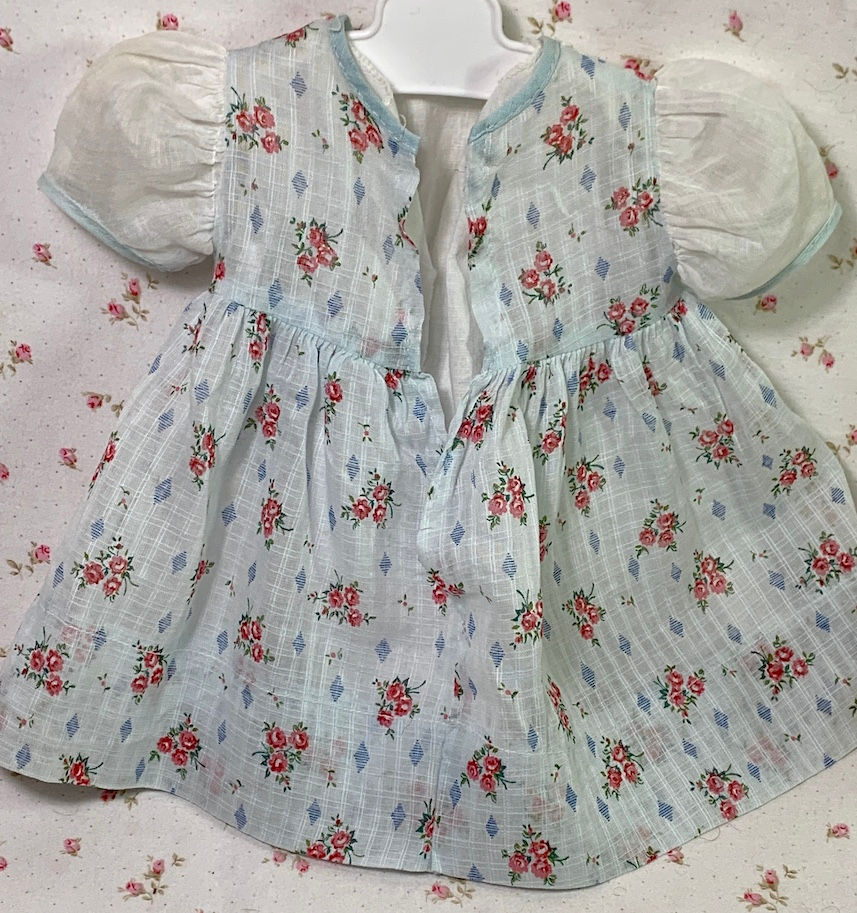 Thumbnail: Vintage 1950s American Character 18" Tiny Tears Baby Blue Print Dress