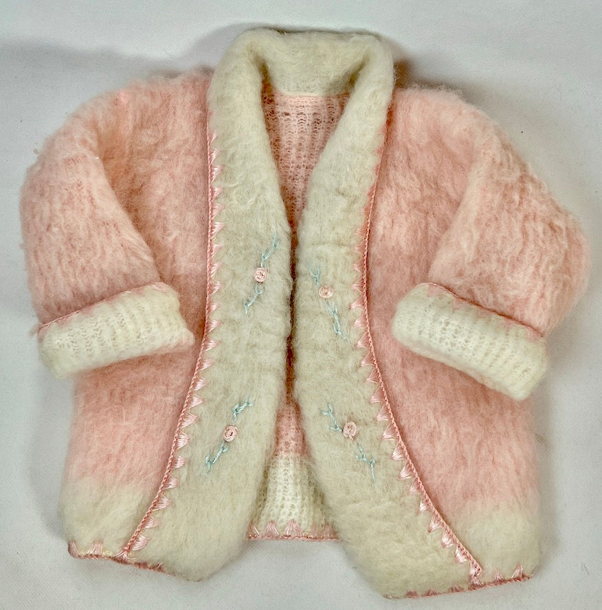 Thumbnail: Vintage 1920s Large Pink Mohair Composition Doll Sweater