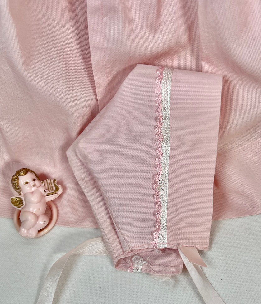 Thumbnail: Vintage 1940s Effanbee Pink Cotton Twill Coat and Bonnet Set