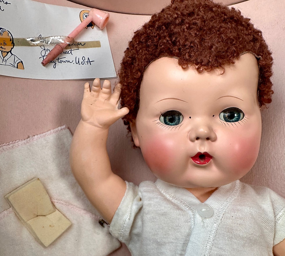Thumbnail: Vintage 1950s American Character 15" Tiny Tears Doll in Suitcase