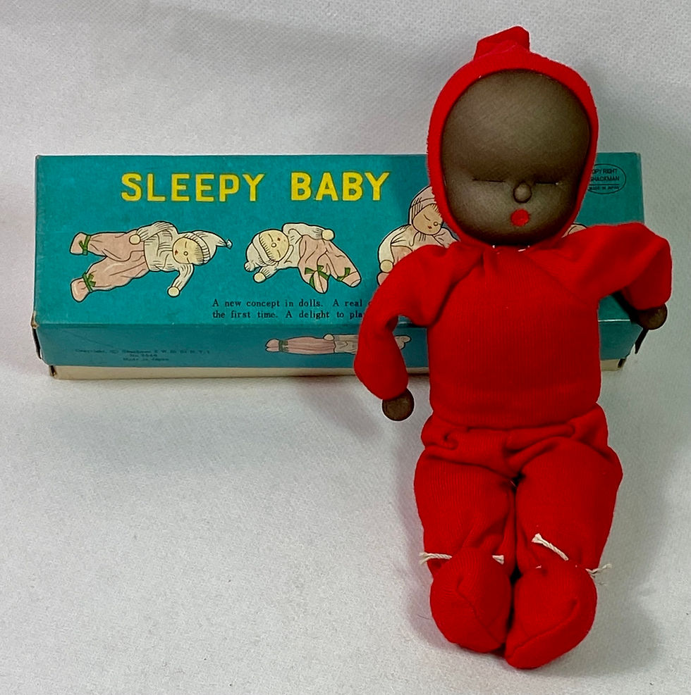 Thumbnail: Vintage 1950s Shackman Black Sleepy Baby Cloth Doll in Box.