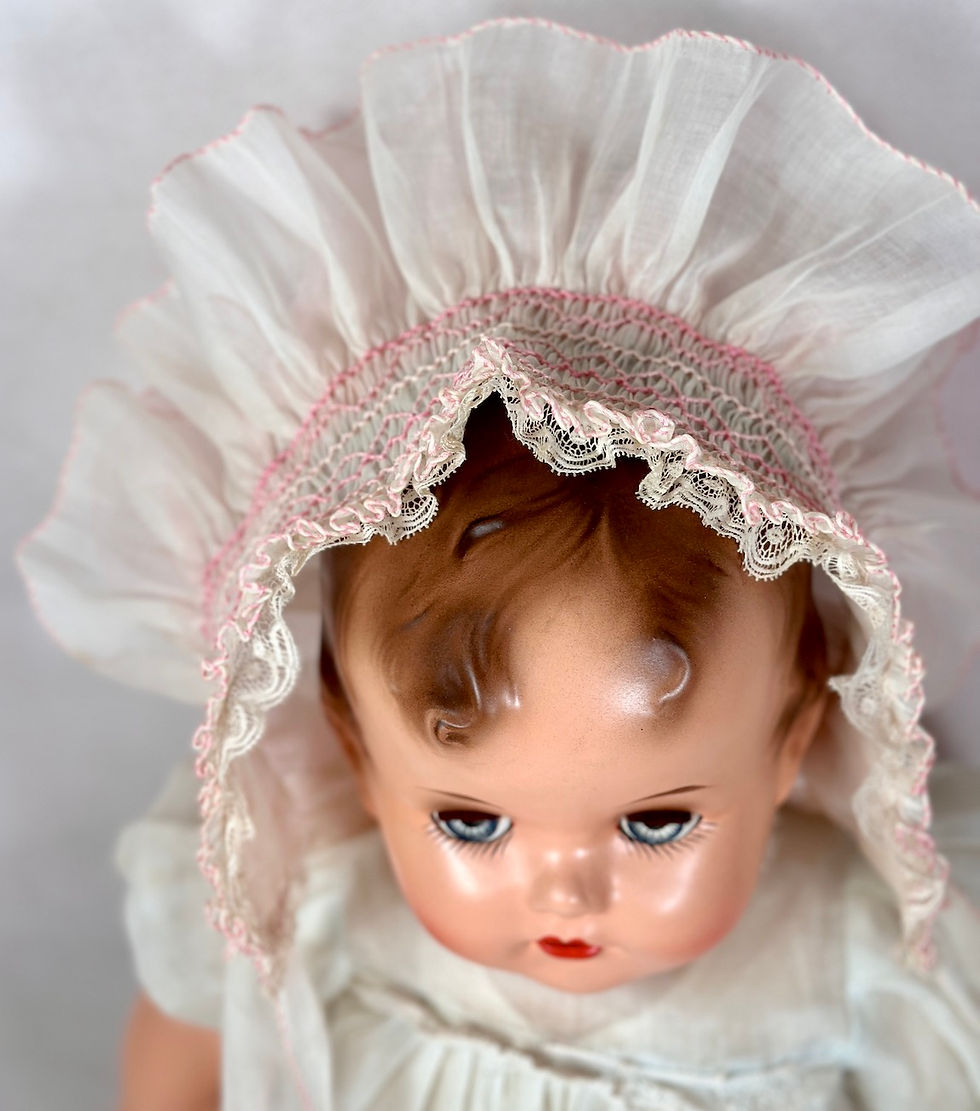 Thumbnail: Vintage White and Pink Organdy Smocked Bonnet for Large Compo Doll