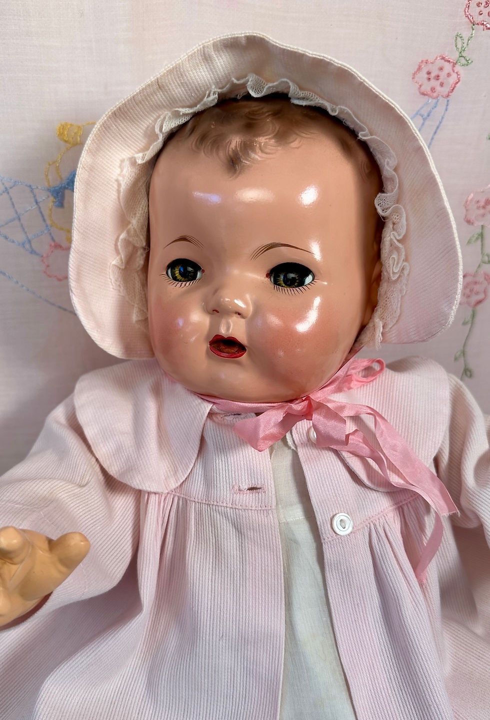 Thumbnail: Original 1930s Vintage Dy-Dee Lou Pink Pique Coat and Bonnet and Dress