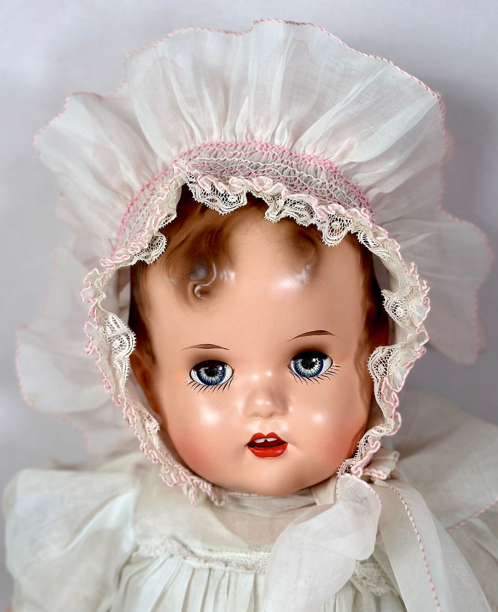 Thumbnail: Vintage White and Pink Organdy Smocked Bonnet for Large Compo Doll
