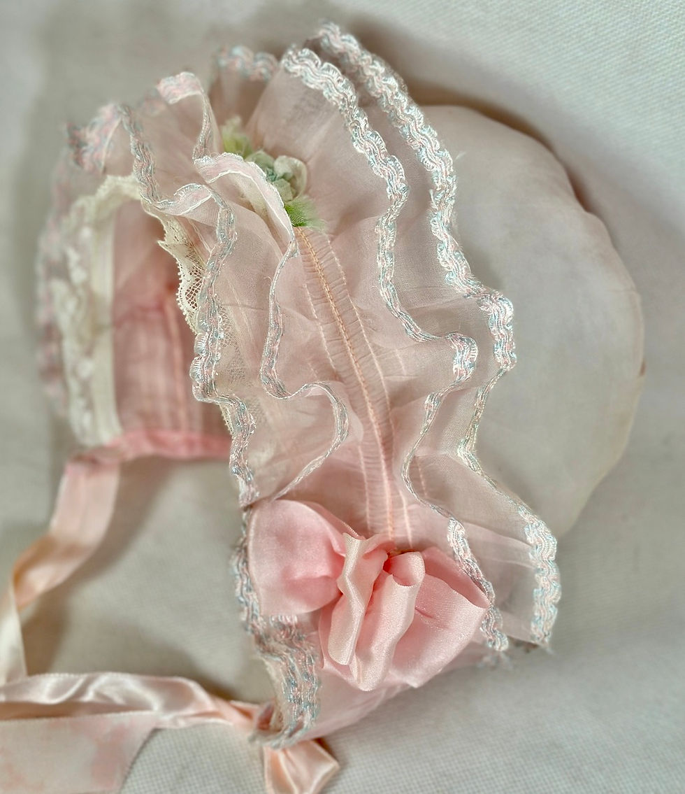 Thumbnail: Vintage Pink Organdy Ruffled Bonnet for Large Compo Doll
