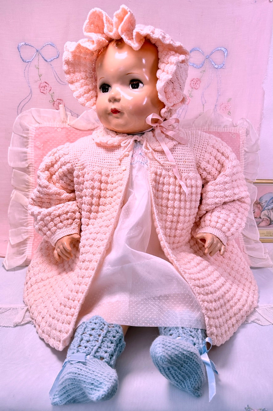 Thumbnail: Vintage Pink Coat and Bonnet Set for BIG BABY Dolls