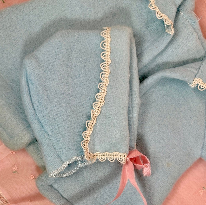 Thumbnail: Vintage Baby Blue Eiderdown Coat and Bonnet Set