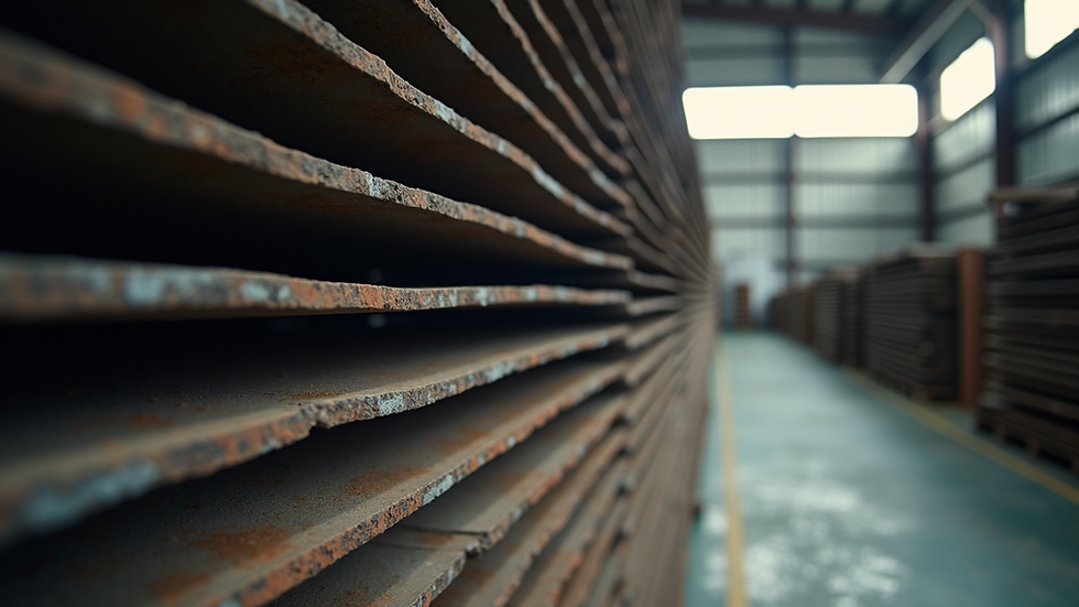 Close-up view of stacked metal sheets in warehouse