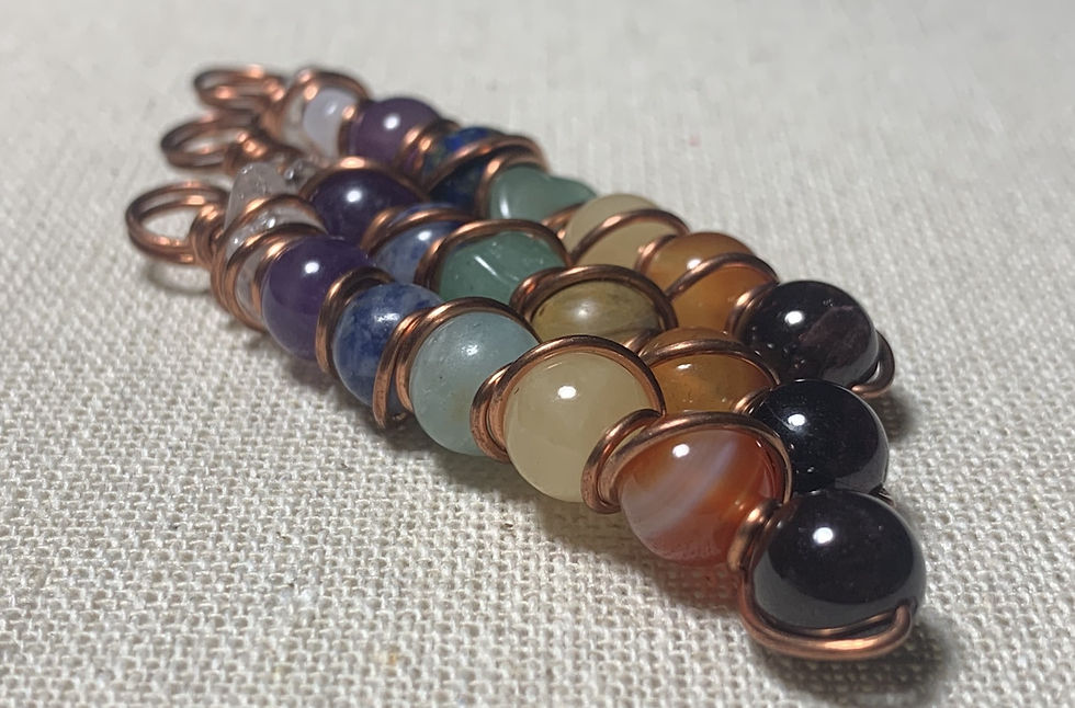 three wire wrapped chakra pendants sitting on top on a tan textured canvas.