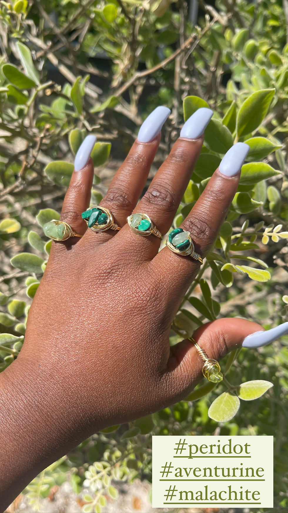 Gold wire wrapped Green gemstone ring set: aventurine, malachite, peridot.
