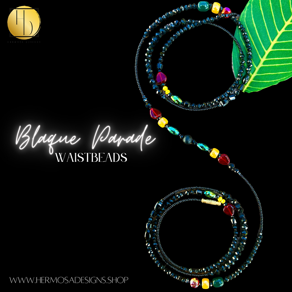 Black crystal strand with green, yellow and red charm waist bead, clasp add on and tie on.
