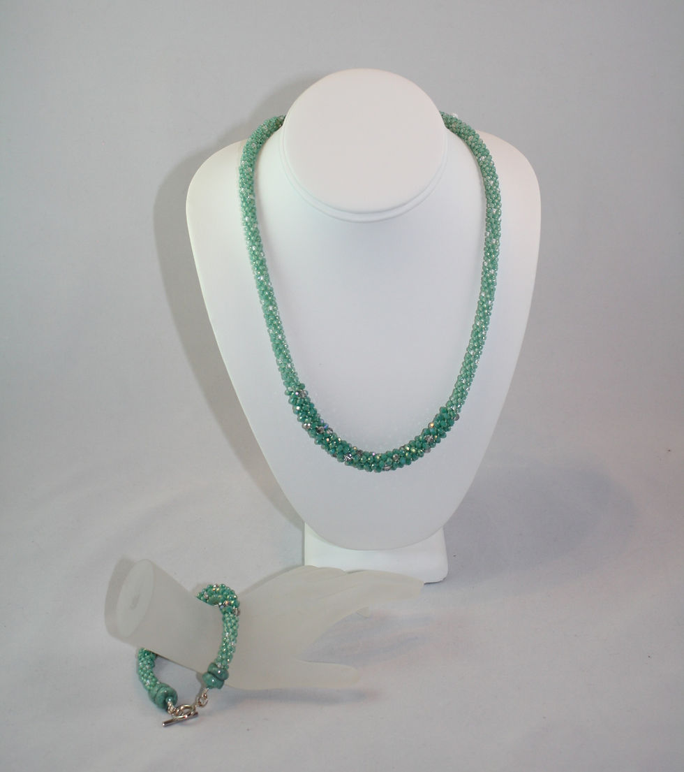 Soft Aqua Seed Bead and Crystal Kumihimo Necklace/Bracelet Set