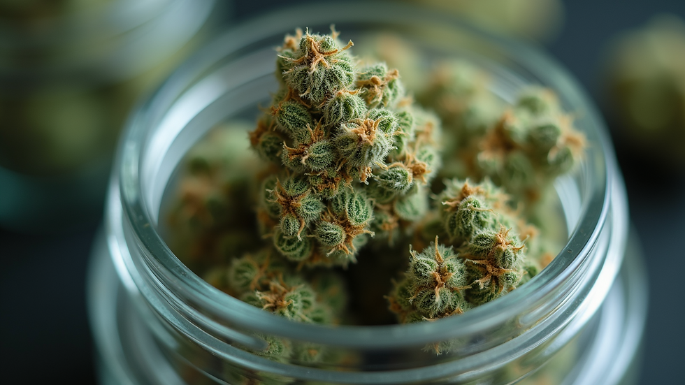Close-up view of cannabis flower in a clear container