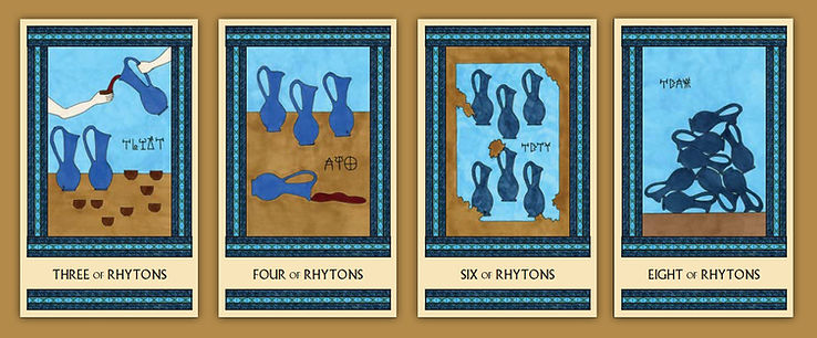 Four cards from the Rhytons suit in the Minor Arcana: three, four, six, and eight. They are all painted in shades of blue.