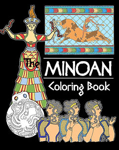 The Minoan Coloring Book by Laura Perry book cover, black background with brightly colored images of the Minoan Snake Goddess, the Bull Leaper fresco, the Blue Ladies fresco, and an uncolored line drawing of a Minoan jug with an octopus on it.