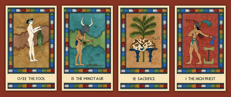 Major Arcana cards from The Minoan Tarot: The Fool, The Minotaur, Sacrifice, and The High Priest