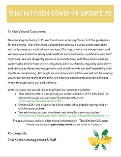 Thai Kitchen COVID-19 Update #2