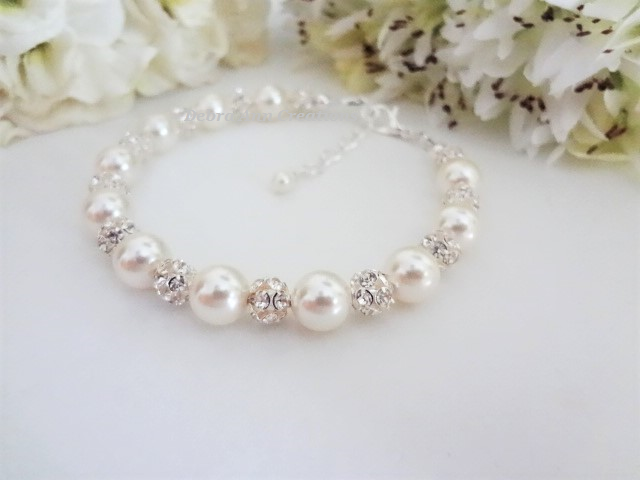 Thumbnail: Pearl and Crystal Wedding Bracelet and Earrings Set BRSTPL2011