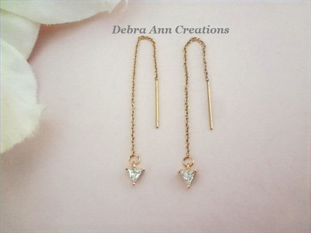 Thumbnail: Gold Threader Earrings with CZ Triangle Dangle