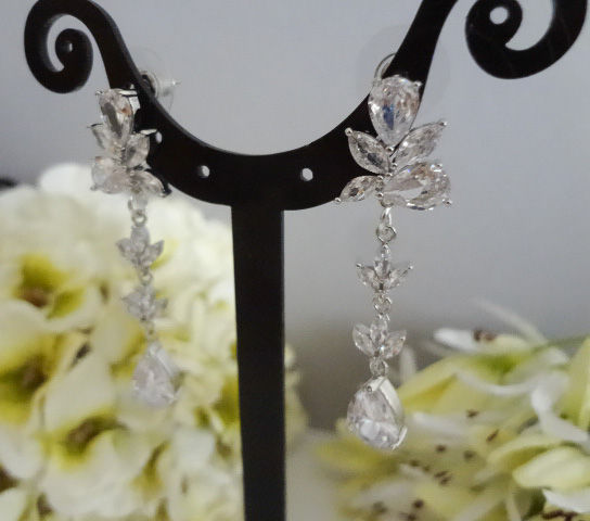 Thumbnail: CZ Leaf and  Teardrop Wedding Stud Post Dangle Earrings