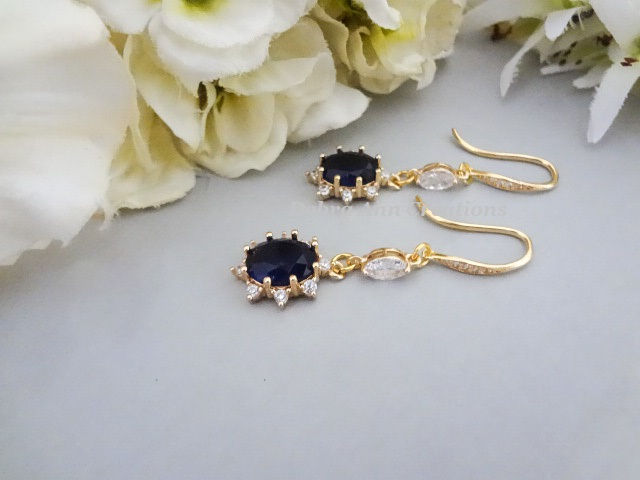 Thumbnail: Sapphire Oval Halo Cubic Zirconia Gold Earrings BRER4071