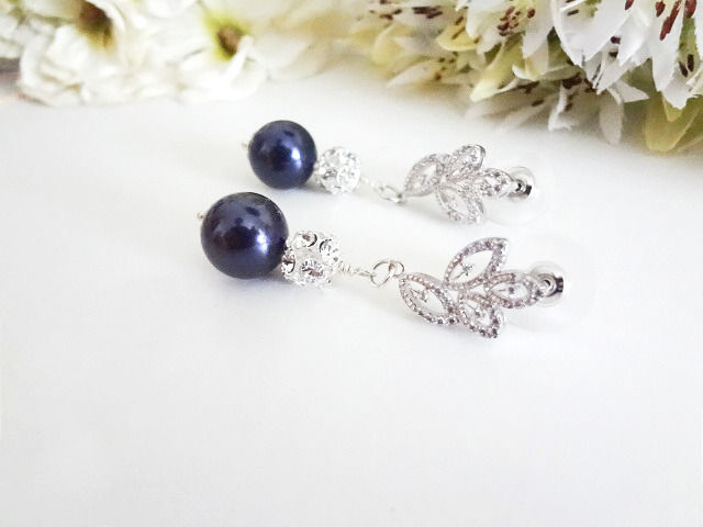 Thumbnail: Navy Blue Pearl and Crystal Pave Formal Drop Earrings BRER4009