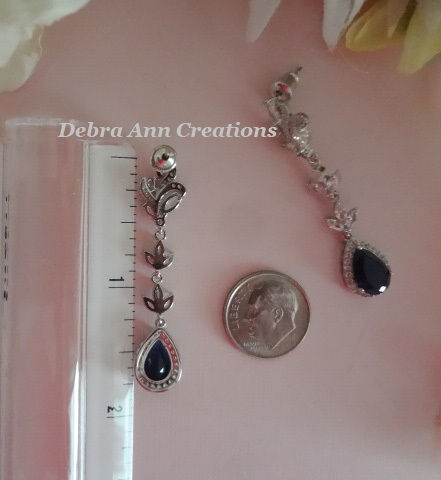 Thumbnail: Sapphire CZ Crystal Teardrop and Leaf Dangle Stud Post Earrings Size View