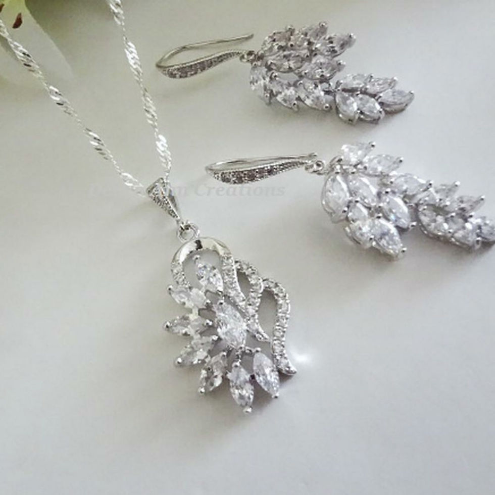 Thumbnail: Cubic Zirconia Marquise Cluster Teardrop Wedding Necklace Set BRNKST5011