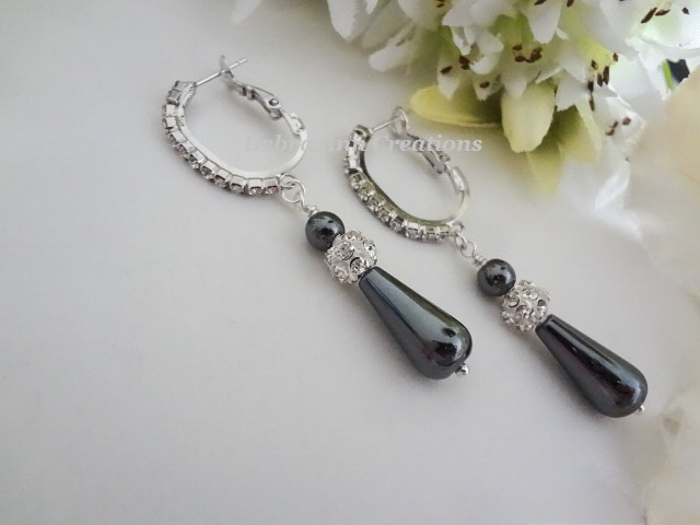 Thumbnail: Dark Grey Hematite Teardrop and Crystal Earrings BRER4064