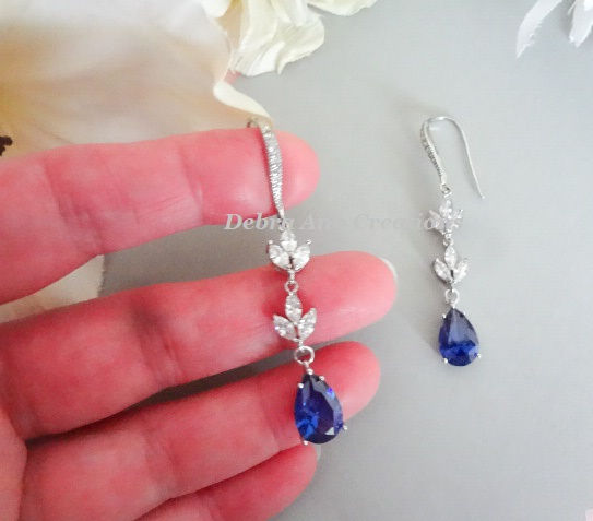 Thumbnail: Sapphire CZ Teardrop Leaf Vine Long Crystal Earrings BRER4074