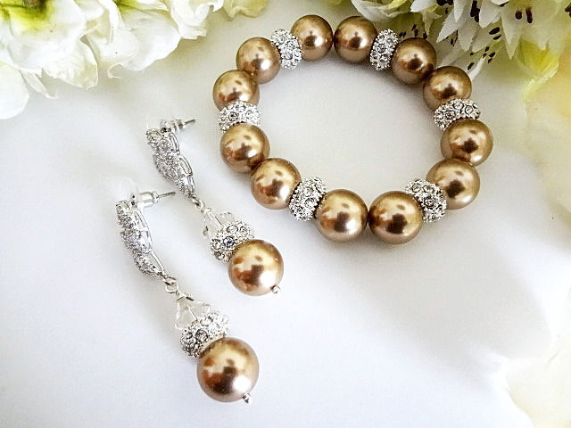 Champagne Pearl and Crystal Bridal Bracelet Set