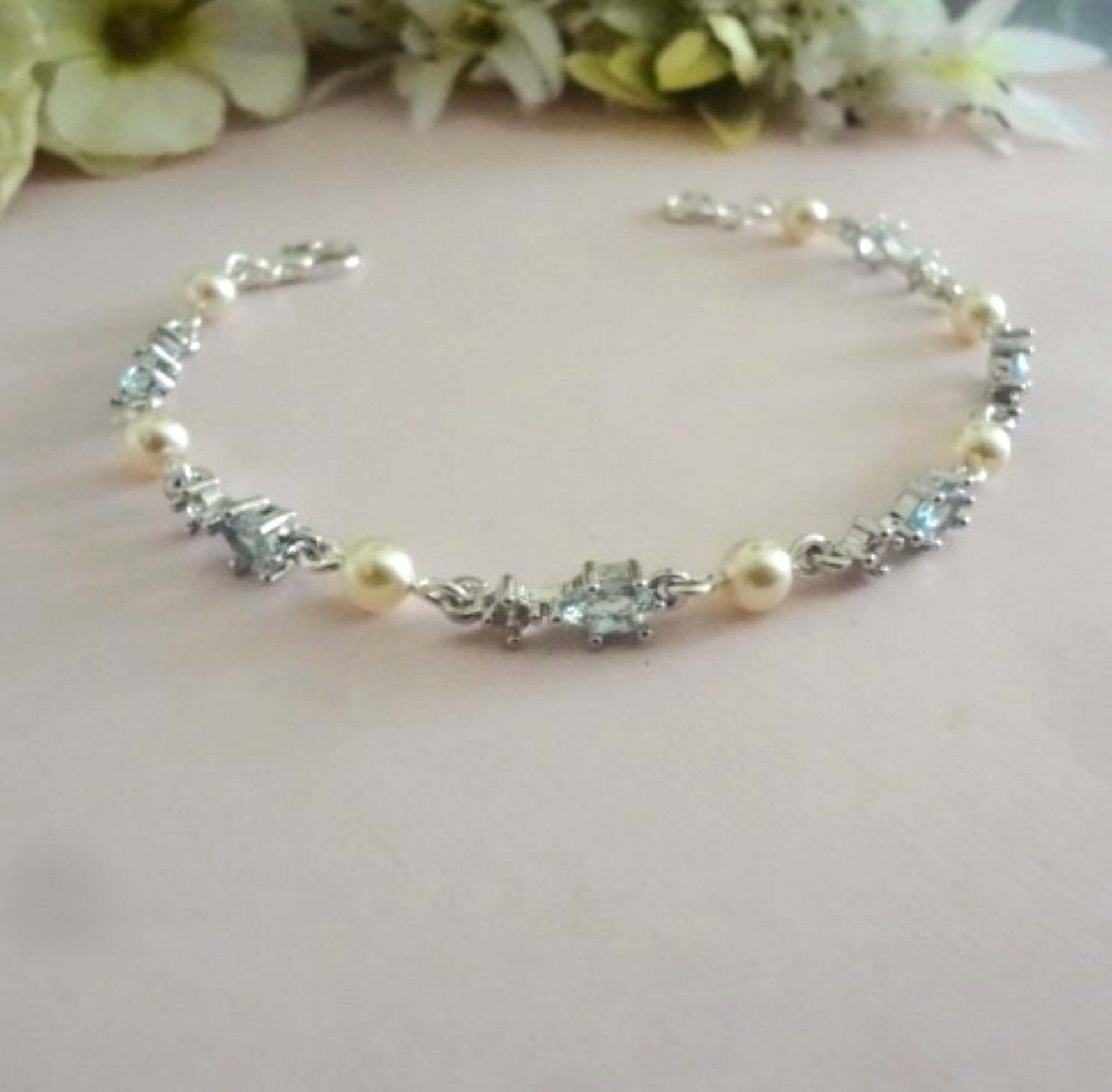 Blue Crystal and Pearl Wedding Bracelet brpl3028slvr