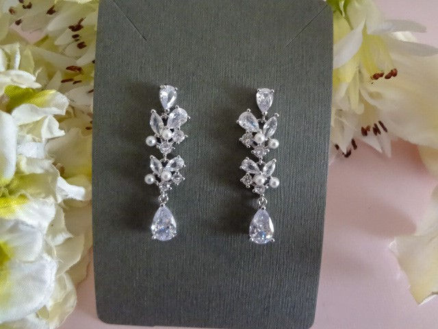 Thumbnail: Crystal and Pearl Cluster Bridal Earrings