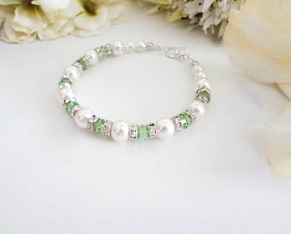 Thumbnail: Pearl and peridot crystal bicone clasp bracelet