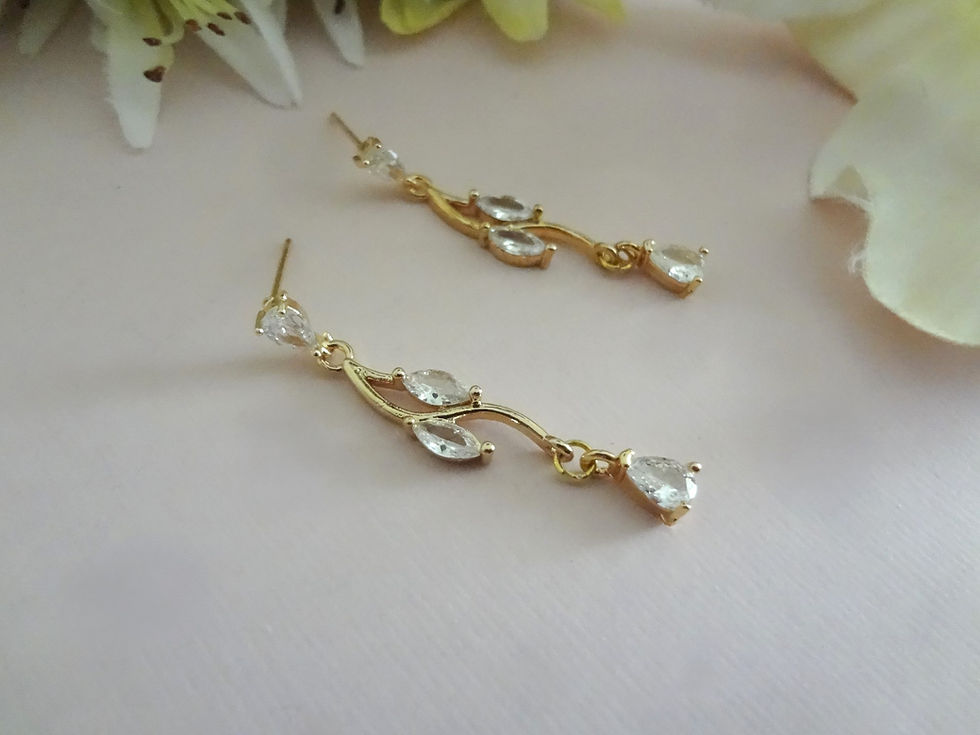 Thumbnail: CZ Crystal Leaf Marquise Teardrop Gold Earrings